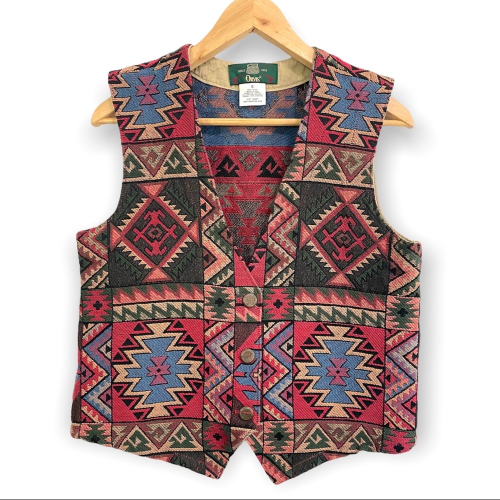 Vintage Orvis Tapestry Textured Aztec Navajo Vest Womens size SMALL